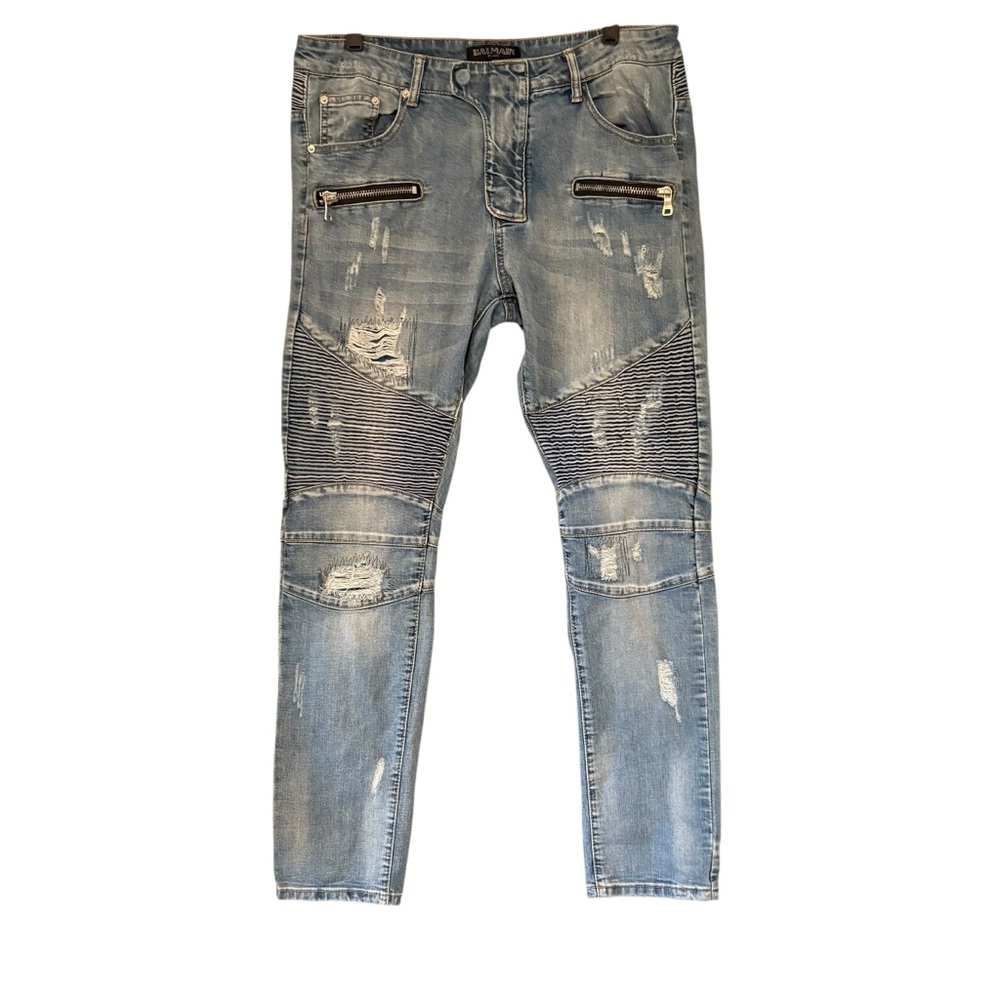 Balmain Paris T551 B658 Distressed Biker Moto Jeans, Sz W34/L31
